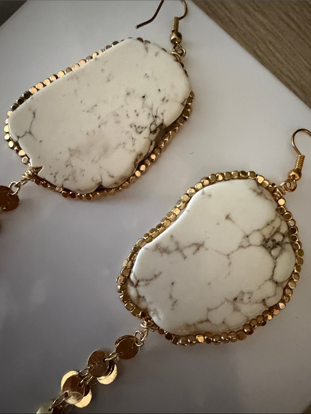 Gold & White Howlite Drop Earrings with Sequin Chain - Picture 3 of 4
